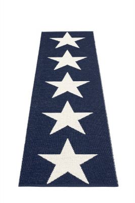 Viggo One Pappelina Kunststoffteppich 70x250 cm mit blauem Grund und weißen Sternen im modernen Design.